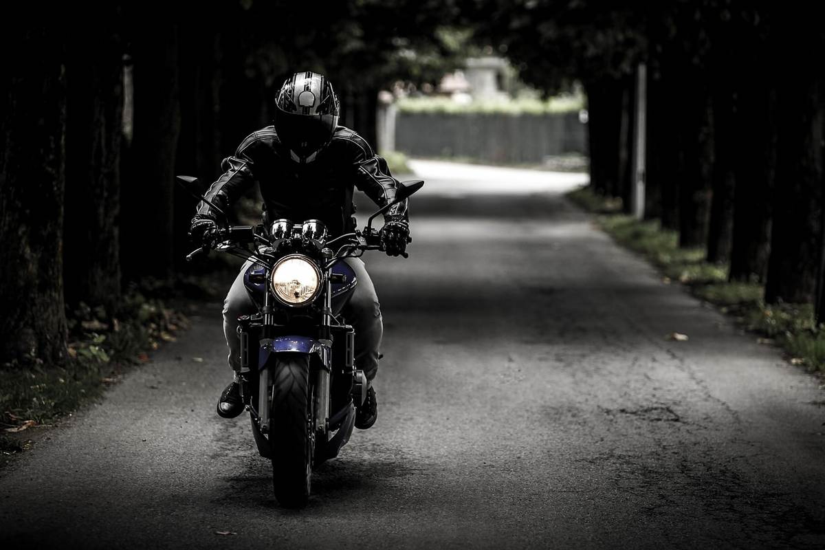 Motard en mouvement sur une moto sous un tunnel d'arbres Motard en mouvement sur une moto sous un tunnel d'arbres